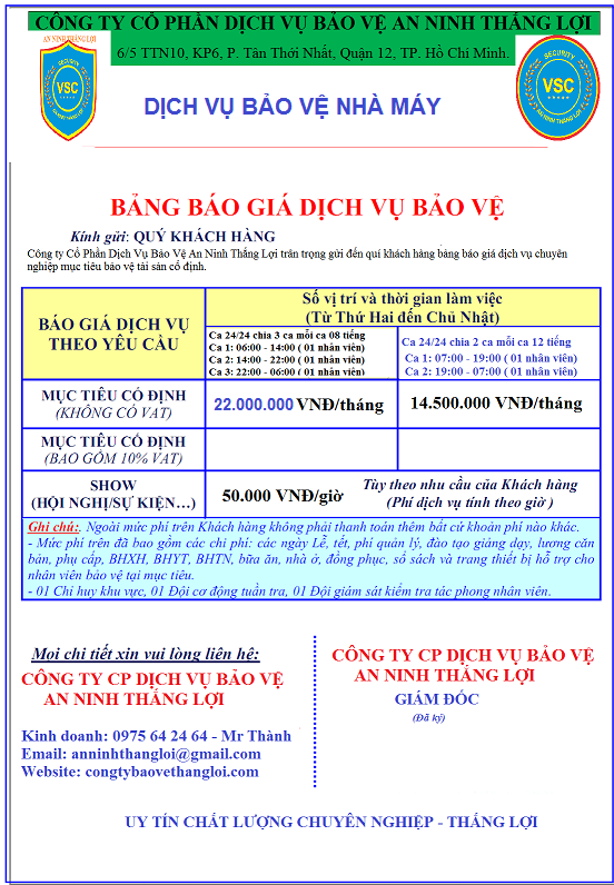 Báo Giá Dịch Vụ Bảo Vệ Tại Mới Nhất