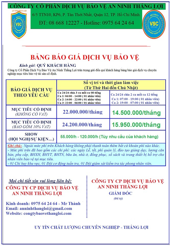 Báo Giá Bảo vệ Nhà Máy Tại Bình Dương Tháng 8