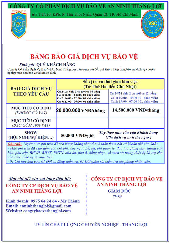 Bảng Giá Dịch Vụ Bảo Vệ Tại Bến Cát Bình Dương