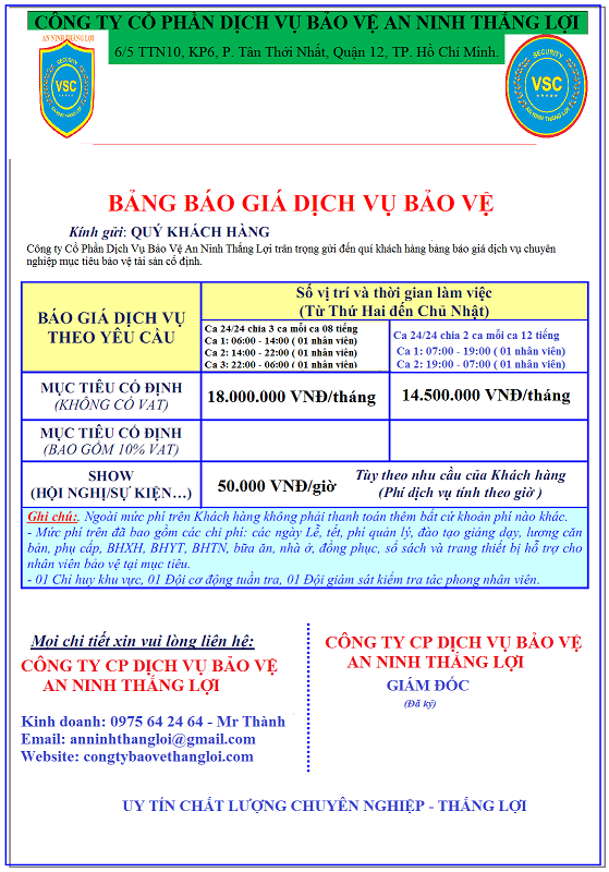 Bảng giá dịch vụ bảo vệ nhà máy tại Bình Dương